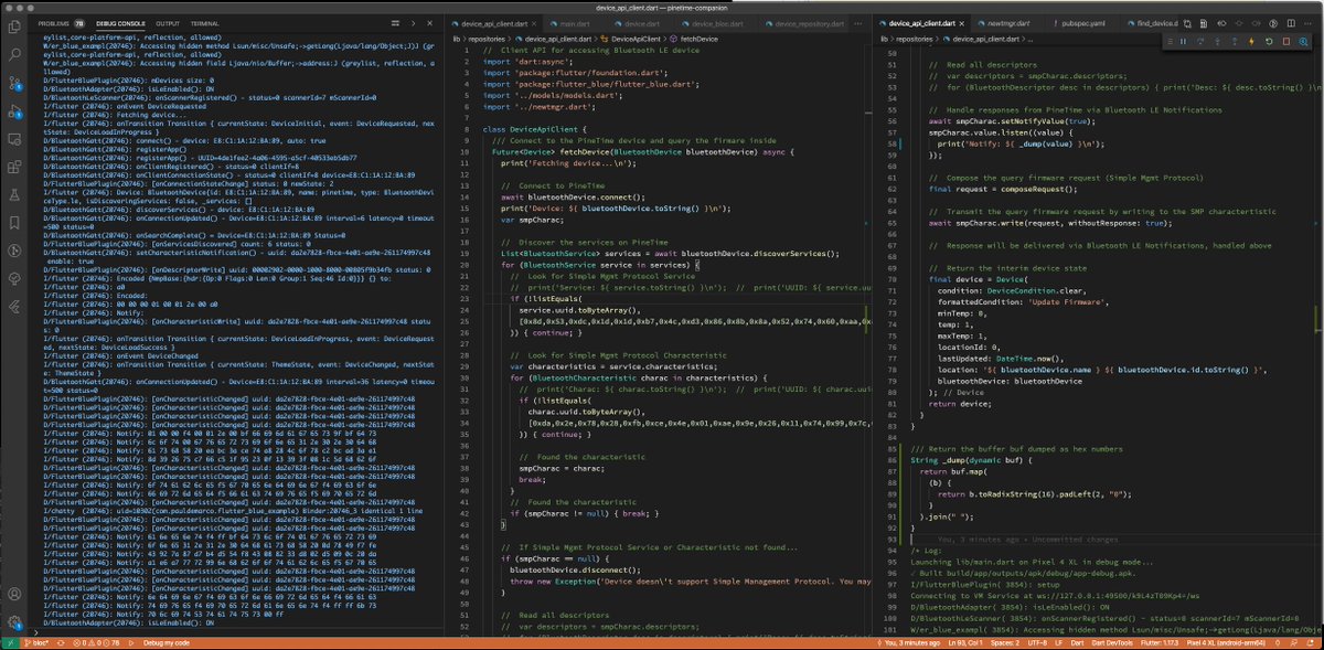 MisterTechBlog's tweet image. #Flutter Companion App sends a #BluetoothLE request... To #PineTime Smart Watch @ThePine64 github.com/lupyuen/pineti…