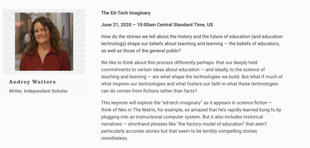 icls2020's tweet photo. Next big #ICLS2020 session: June 21 at 10 AM Central, we welcome @audreywatters keynote: "The Ed Tech Imaginary."

(Find your timezone here so you won't miss it!! https://t.co/ImFVFcjEPA) https://t.co/Wk3jMMV35c