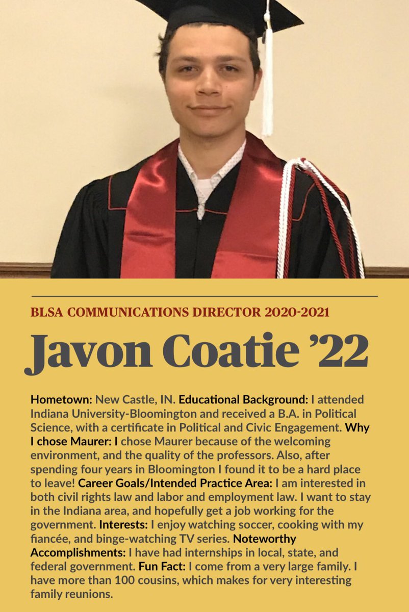 AustenParrish's tweet photo. #Inspiringstudent: Meet Javon Coatie ‘22, who is @maureriublsa’s Communications Director and part of the 2020-21 Executive Board. A proud @IUBloomington grad, Javon is interested in civil rights law &amp; labor and employment law. He’s a big soccer enthusiast too! Read more below. https://t.co/ClULXUuBwv