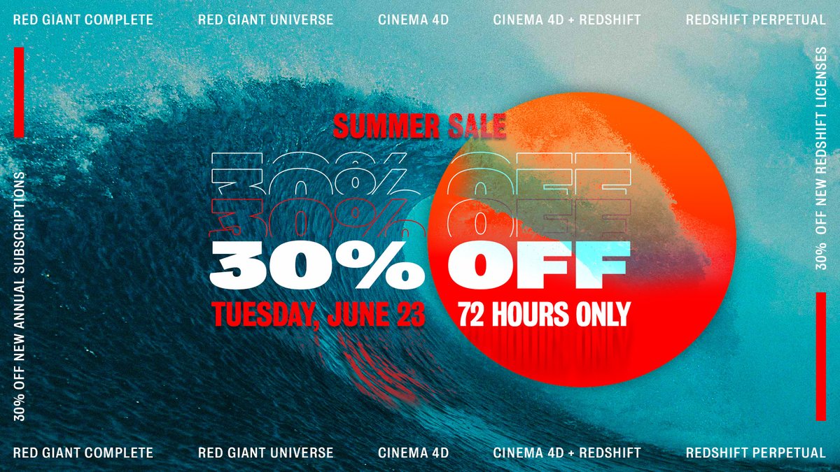 MaxonRedGiant's tweet image. SUMMER SALE 2020 |  We're having a 72h Summer Sale on June 23 with @maxon3d and @redshift3d, where you can get 30% off new annual subscriptions and Redshift licenses!

Follow us + RT this for a chance to win EVERYTHING we make! Details: maxon.net/summer2020

#MaxRedSummerSale