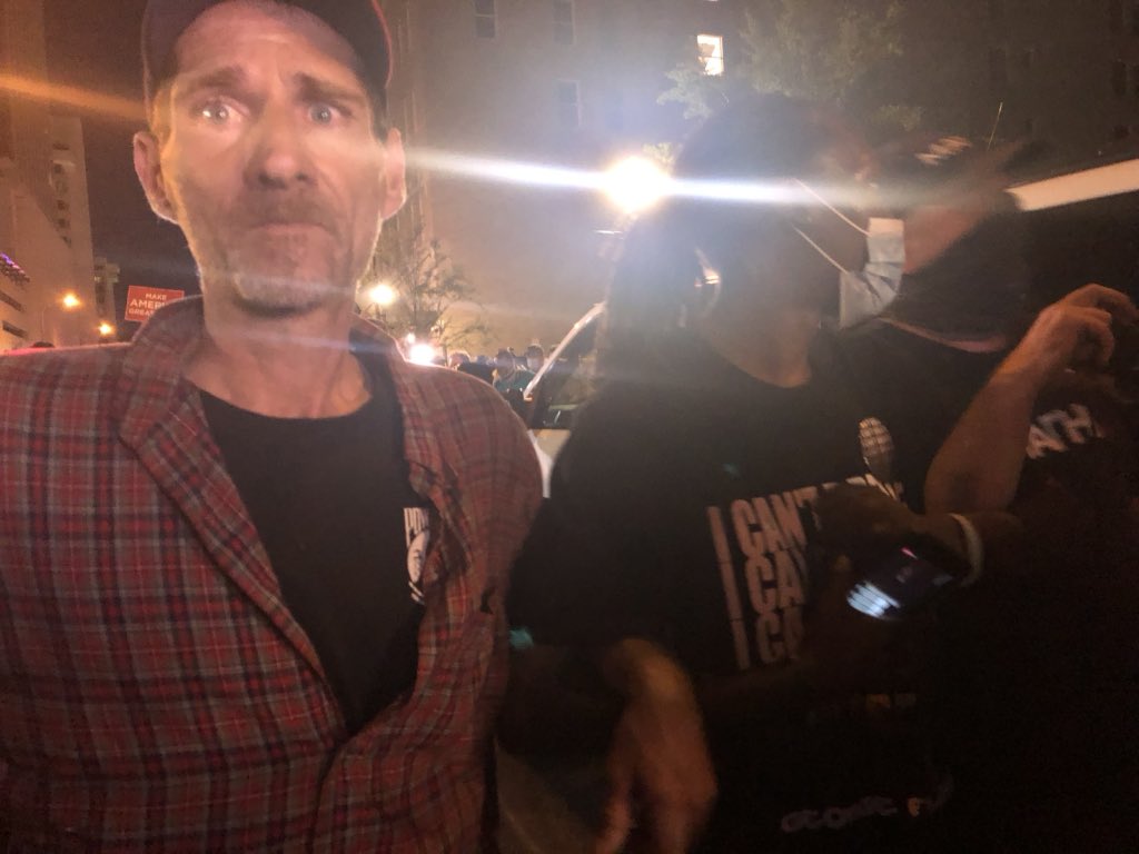 Some kind of chemical irritant used against crowd. Connection sucks, can’t tweet much but filming on cameraHere, Trump supporter and Black Lives Matter guy join in a line to keep crowd and police separated and de-escalate