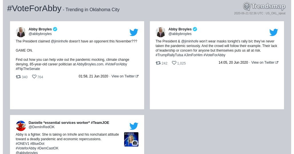TrendsOKC's tweet photo. #voteforabby is now trending in #OklahomaCity

https://t.co/LyJJdaLMOl https://t.co/YDz2JL7ge9