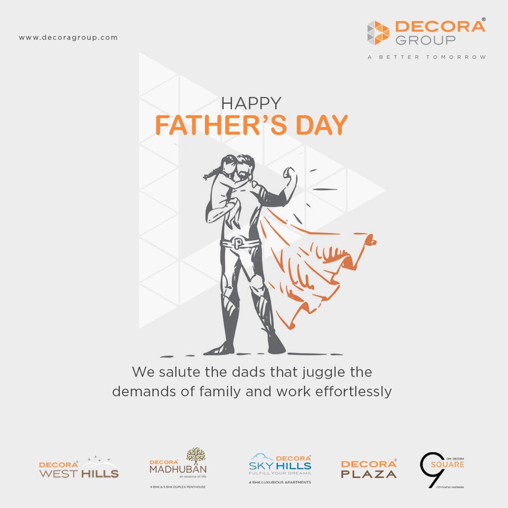 decoragrp's tweet photo. We salute the dads that juggle the demands of family and work effortlessly
Happy Father’s Day..!
#DecoraGroup #Decora #Group #Rajkot #RealEstate #RajkotRealEstate #ABetterTomorrow #HappyFathersDay #FathersDay #Fathers #Day #FathersDay2020 #MyDadMyHero #Thanksdad https://t.co/YUVj958nTb