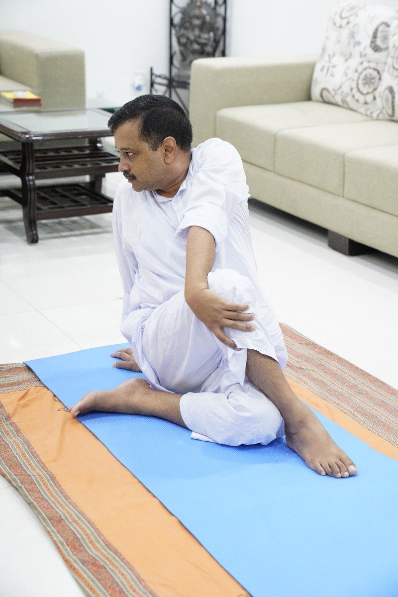 Delhi: Chief Minister Arvind Kejriwal performs yoga at his residence, on #InternationalYogaDay today.