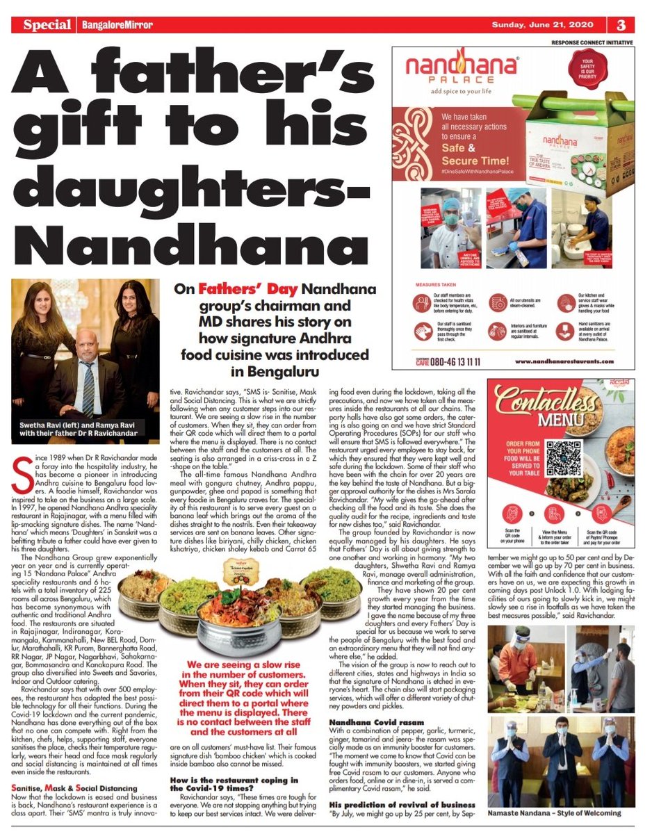 In #VK &amp; #BM on #fathersday2020 - #NandhanaAndhraSpecialityRestaurant group's MD shares his journey &amp; feels proud about his daughter's for adding to his success also implementing innovative solutions in their restaurants <a href="/katranjeet/">Ranjeet Kate</a> <a href="/shekarnarayan/">Shekar L</a> <a href="/Vijaykarnataka/">vijaykarnataka</a> <a href="/MarketingKarna1/">Marketing Karnataka</a>