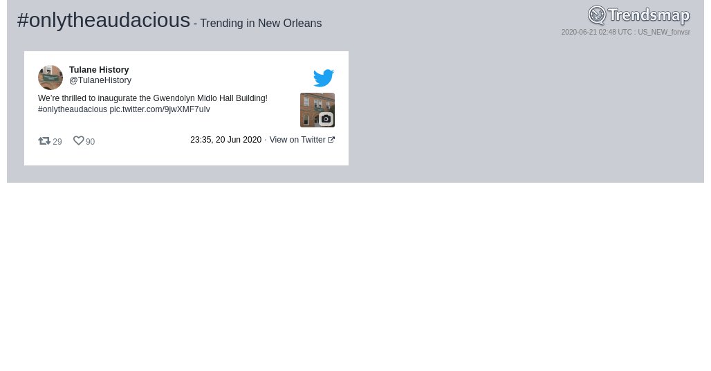 TrendsNOLA's tweet photo. #onlytheaudacious is now trending in #NewOrleans

https://t.co/gS23dgRfoS https://t.co/dXtYpxsQdu