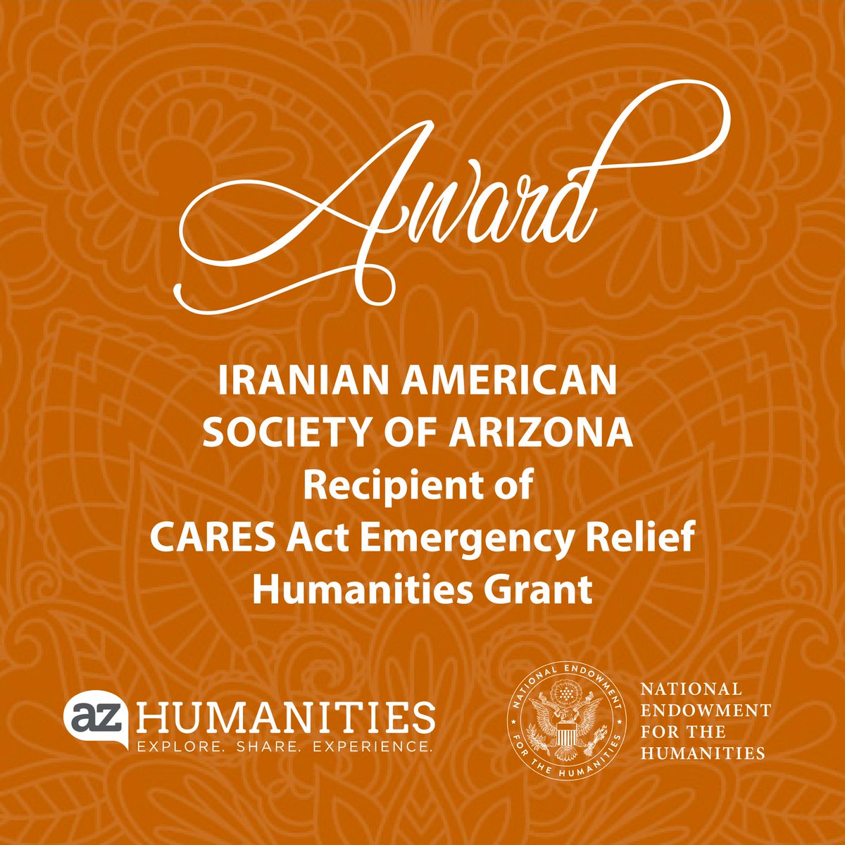IASAzORG's tweet image. As part of CARES Act Emergency Relief - Humanities Grant fund, Iranian American Society of Arizona (IASAz) has received a grant from Arizona Humanities!

Press Release: iasaz.org/about-us/press… @NEHgov @AZHumanities #nehcares #caresact #azhumanities #iasaz #azpcc