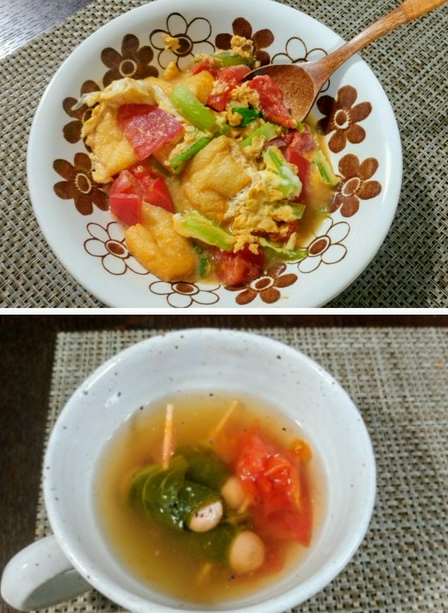 朝方は冷えますね?
ちょっと温かいご飯は如何でしょうか✨
小松菜の葉と茎を別々に使って、2種類の料理を作りました✨
スープは赤いウインナーでも美味しいです✨
卵とじは油揚げの他に厚揚げもオススメです✨