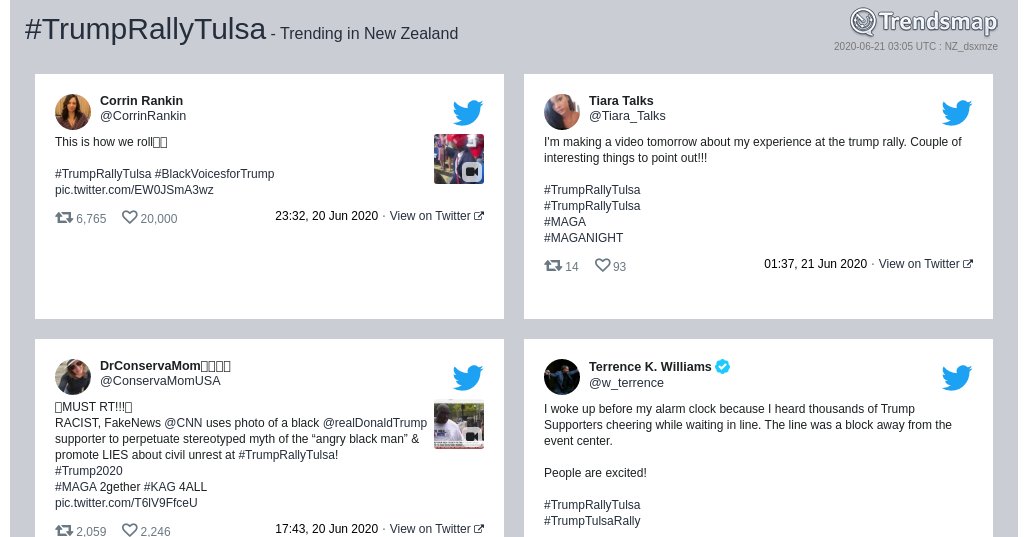 #trumprallytulsa is now trending in New Zealand

trendsmap.com/r/NZ_dsxmze