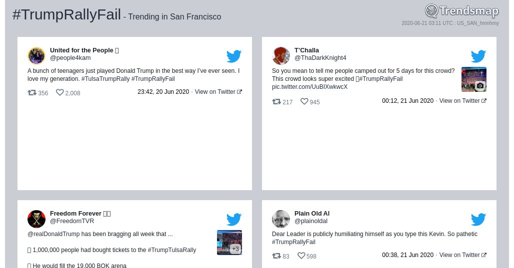 TrendsSF's tweet photo. #trumprallyfail is now trending in #SF

https://t.co/1exb3xNmRo https://t.co/YprUYSlQSl