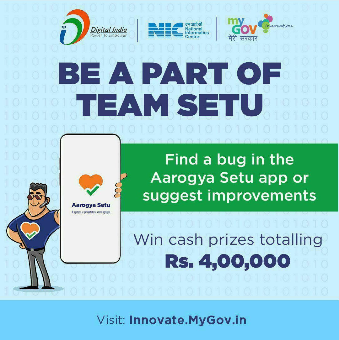 CBCHyderabad's tweet photo. Here's an opportunity for all to join #TeamSetu! Find a bug in the app or suggest improvements and win exclusive cash prizes. #IndiaFightsCorona

👉  https://t.co/H64lNvouls https://t.co/C7RzUkpyth