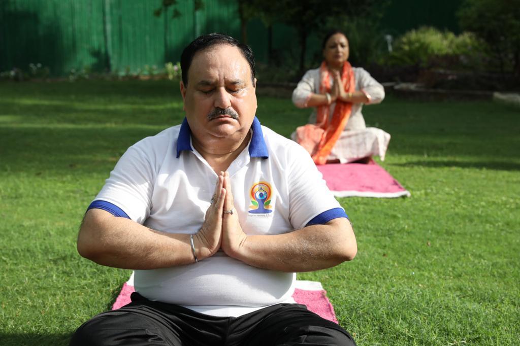 BJP4India's tweet photo. BJP National President Shri @JPNadda performs yoga at his residence on #InternationalYogaDay today. #MyLifeMyYoga https://t.co/UQMEWIVUyH