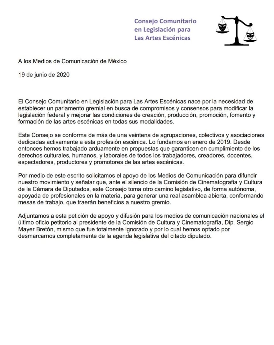 ConsejoCLAE's tweet photo. En relación al oficio https://t.co/86ZVFz1Btu enviado @Mx_Diputados de #ComisiondeCulturayCinematografia y presidente
@sergiomayer; oficio que no hemos recibido respuesta. 
A la opinión pública y medios @proceso @ElFinanciero_Mx @lajornadaonline @El_Universal_Mx @LaRazon_mx https://t.co/bglsk2zCnk