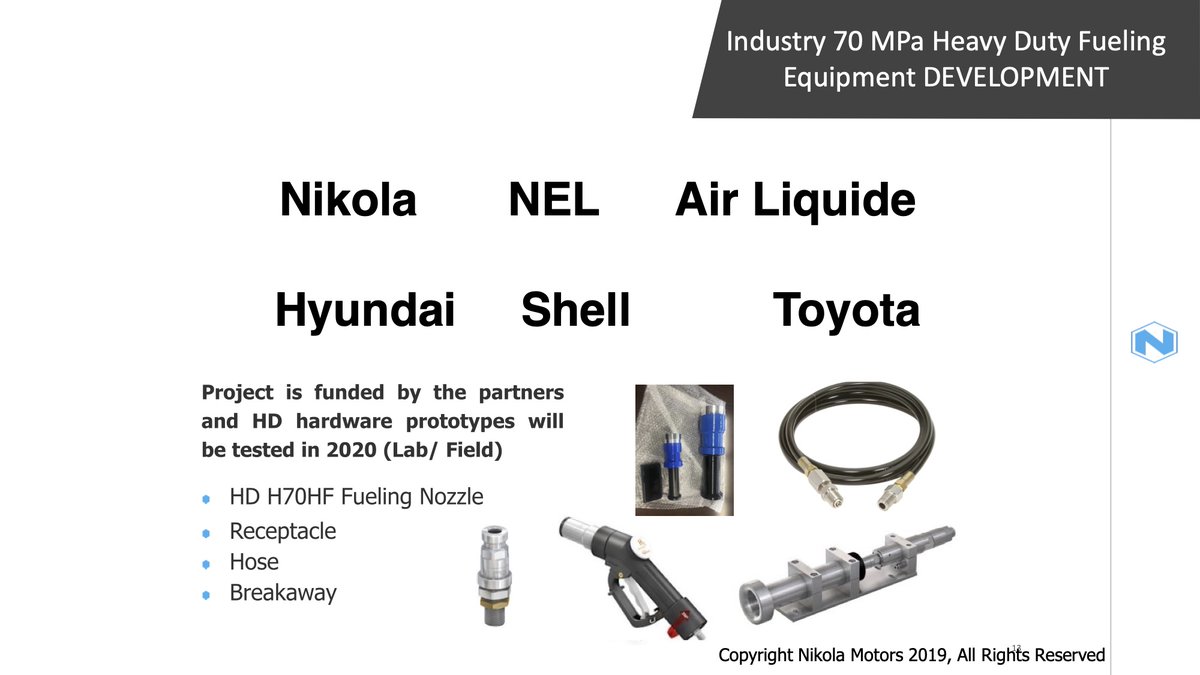 The fueling equipment and standards Nikola will be using won't be proprietary. It is being developed in partnership with Toyota,Hyundai, Shell, Air Liquide, and NEL. They'll use a variation of the H70 fueling nozzle.