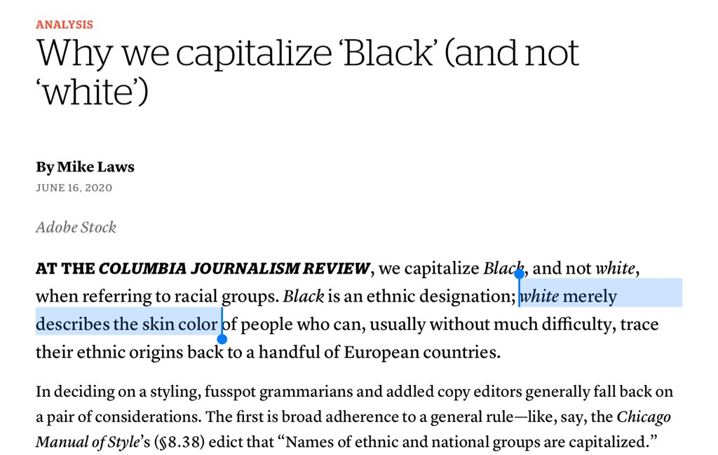 Seeing this  @CJR joint circulating...opinions vary & i understand journalists may feel differently, but I’ve said it before & I’ll say it again— imho this is the wrong approach. “White” does not “merely describe skin color.” It is a racial category with material & social meaning.