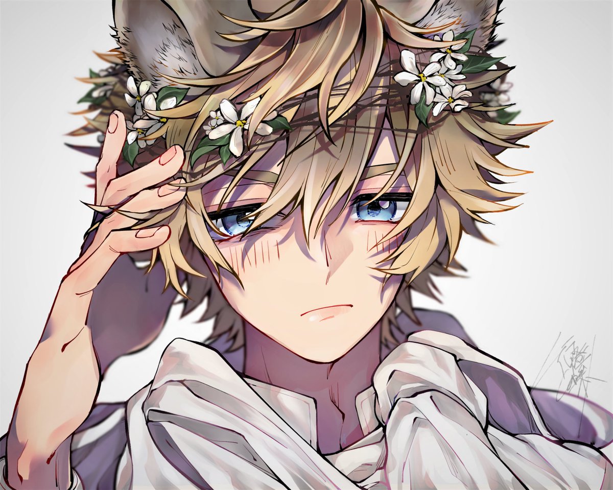 1boy male focus animal ears blue eyes solo head wreath blonde hair  illustration images