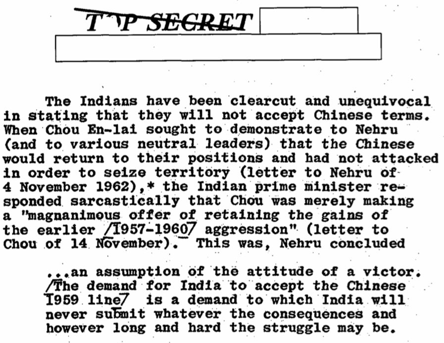 Even after the 1962 defeat, Nehru refused to accept Chinese claims. He told the Chinese premier “India will never submit whatever the consequences and however long and hard the struggle may be.”