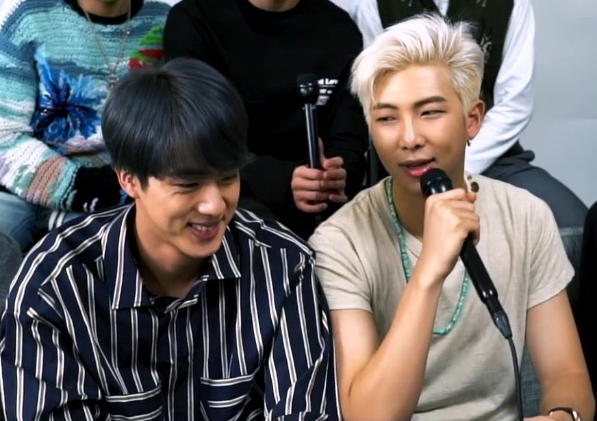and finally this isn’t skinship but seokjin is always on namjoon’s side during interviews bc namjoon said he feels less anxious with seokjin beside him 