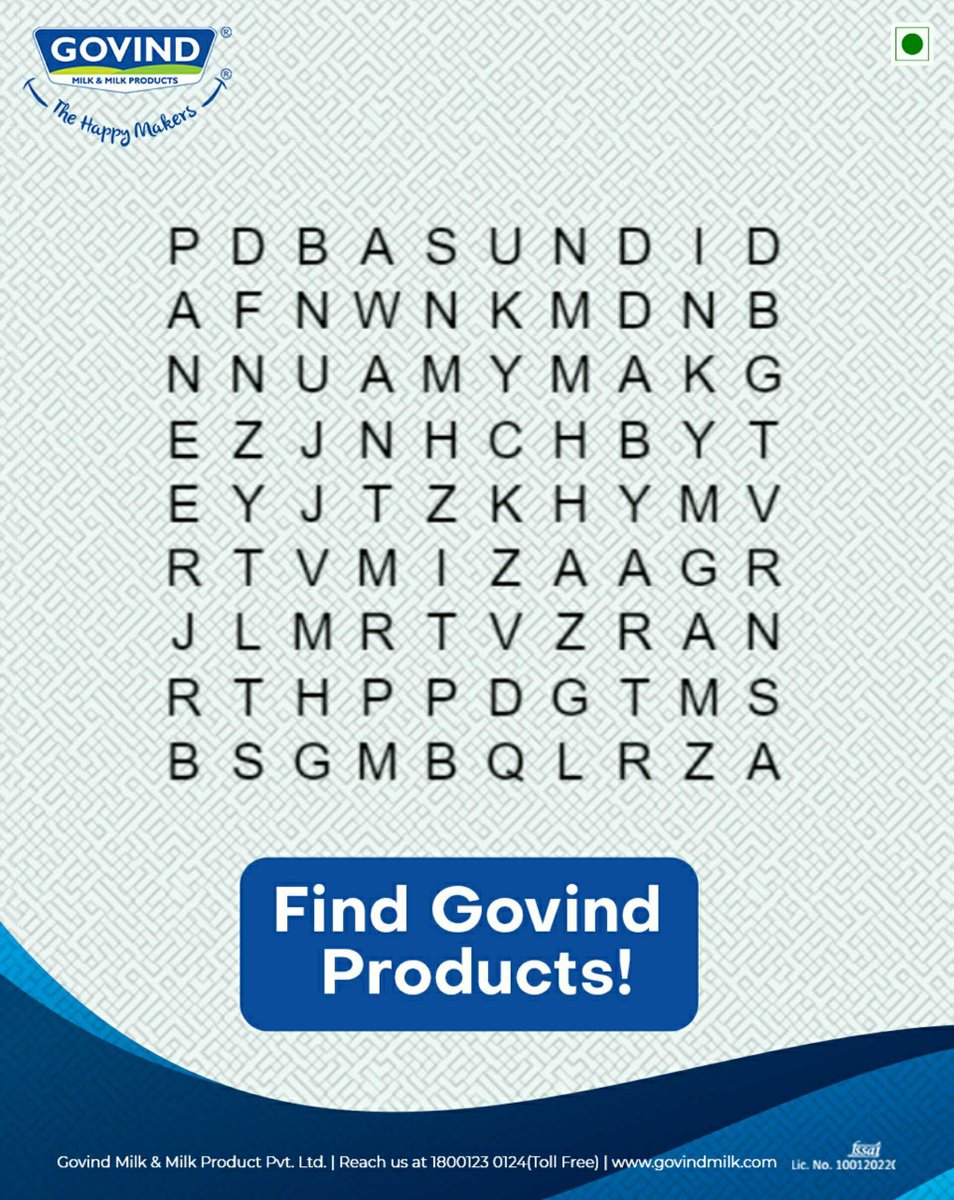 Put on your thinking caps and identify 6 Govind products in the puzzle - Horizontal, Vertical and Across. If you find all 6, mention in the comments below!
.
.
.
#GuessTheProducts  #GovindProducts #GovindMilk #HappyMakers #StayHome #StaySafe