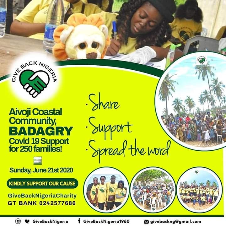 Abdulsalam Ashade (@abdulsalamash15) on Twitter photo We would be making a difference in a community dear to our hearts?! Join us to share #COVID19Relief items in Aivoji Coastal Community today Sunday 21st June, 2020 for 250 families!
<a href="/GiveBackNigeria/">GiveBackNigeria</a>
#supportmyneighbourchallenge
#GBNspreadsloveduringCovid19 #Coronakindness #Bdg We would be making a difference in a community dear to our hearts?! Join us to share #COVID19Relief items in Aivoji Coastal Community today Sunday 21st June, 2020 for 250 families!
<a href="/GiveBackNigeria/">GiveBackNigeria</a>
#supportmyneighbourchallenge
#GBNspreadsloveduringCovid19 #Coronakindness #Bdg