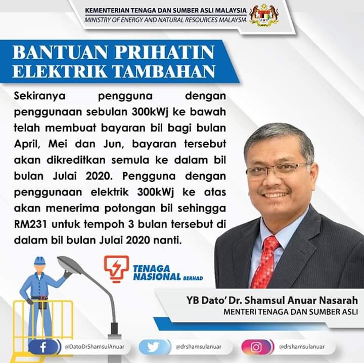 Tahniah Kerajaan dan TS <a href="/MuhyiddinYassin/">Muhyiddin Yassin</a> dalam tangani isu bil elektrik rakyat.

Dalam keadaan normal baharu ini, kerajaan perlu lebih dekat &amp; cakna dgn suara rakyat! 

Terima kasih juga kepada Menteri Tenaga dan Sumber Asli, Dato’ <a href="/drshamsulanuar/">Dr Shamsul Anuar Nasarah</a> 

#kerajaanrakyat
#demiislam