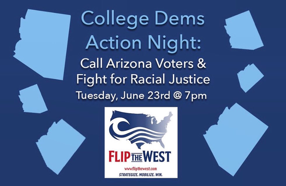 StanfordDems's tweet photo. Join us at 7pm PDT THIS TUESDAY for the first-ever collaboration between Flip the West and College Dems. We’ll be calling newly registered Democrats in Arizona and urging them to vote for candidates who support racial justice. RSVP at the link in our bio! https://t.co/kDwBTMEYTv