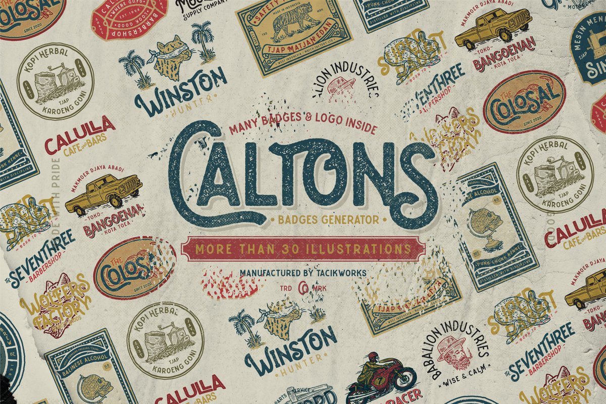 tacikworks's tweet photo. Check out Caltons Badges Generator by tacikworks at Creative Market https://t.co/Wdkuxr6RJr 

#design #brand #branding #creative #graphicdesign #logo #logos #monogram #logogram #displayfont #fontdisplay #vintage #vintagedesign #vintagefont #typeface #tacikworks #illustration https://t.co/gigWn2ZevM