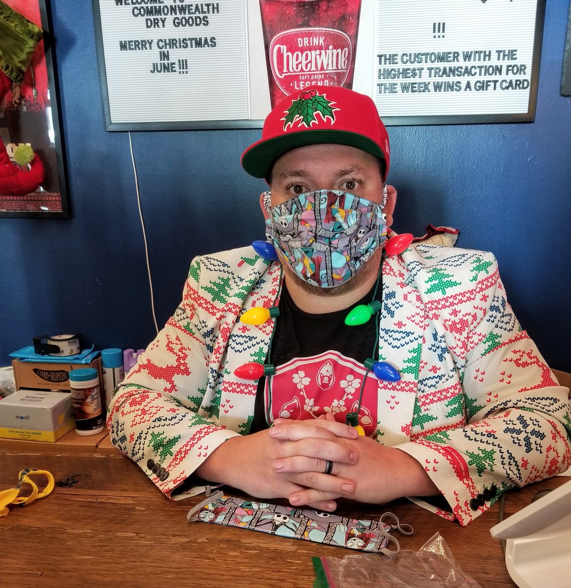 LlcSupplier's tweet photo. We visited @CWdrygoods today &amp; dropped off Christmas themed face masks for their #ChristmasInJune event. #NightmareBeforeChristmas on one side &amp; Santa in his sleigh on the other side. This mask will be on our website soon:
https://t.co/3brrTFyrm3
#facemasks #funfacemasks #covid19 https://t.co/DYkggd9sYg