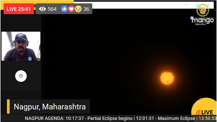 mangoeducation's tweet photo. Now LIVE from Nagpur!
#SolarEclipse2020 #solareclipse https://t.co/fARVgNo7hg