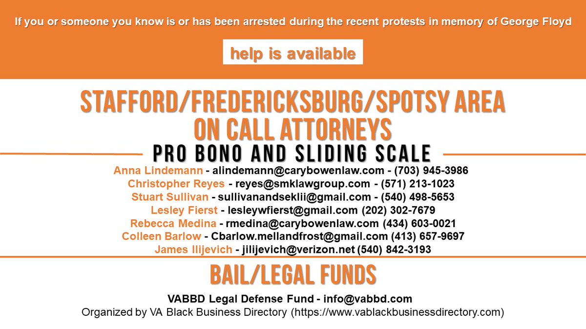 taralcmurray's tweet photo. There were several protesters in Fredericksburg who were arrested and do not have legal representation. These local lawyers have agreed to help. Please spread the word. 
@FXBGCollective 
@fredprotest 
@TMCFXBG 
@fxbgaac 
@QasimRashid  
@JoshuaCole 
@Vangie4Congress https://t.co/MtAjj9ZP9l