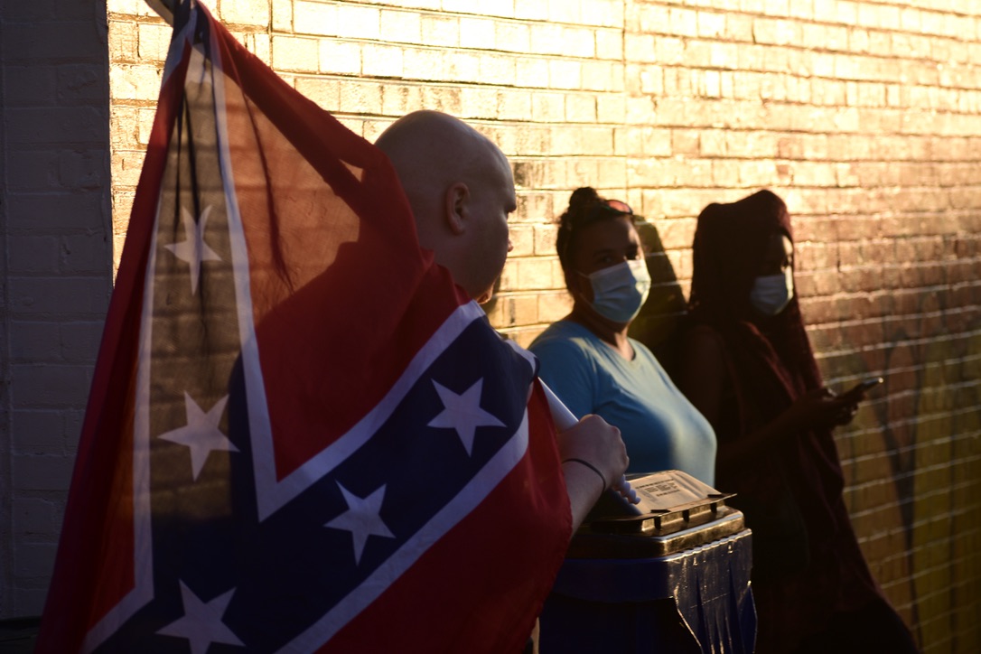 There were 50-60 Confederates at any given time and many more were driving through town blaring their horns. The anti-racist crowd grew from 20 to 30 during the evening but, unlike at similar events in other NC cities, was very outnumbered.