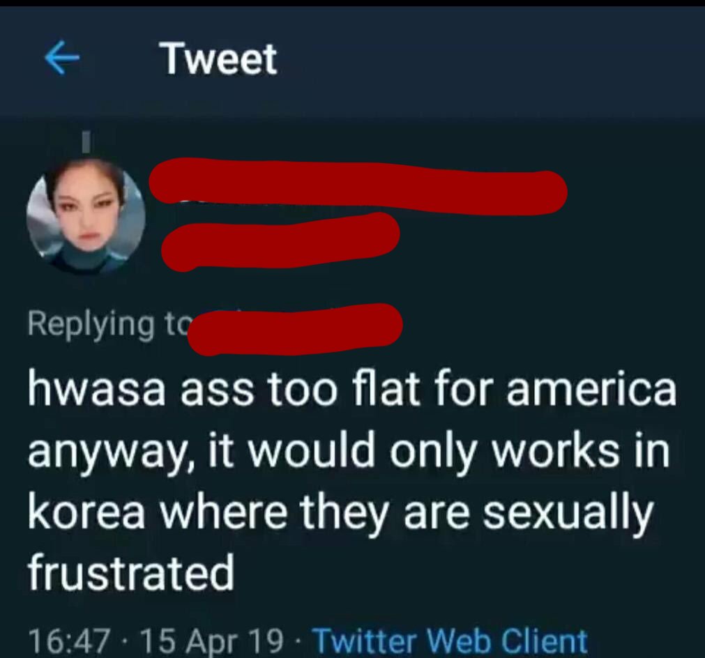Mamamoo"hwasa culo demasiado plano para Estados Unidos de todos modos, solo funcionaría en Corea, donde están sexualmente frustrados"