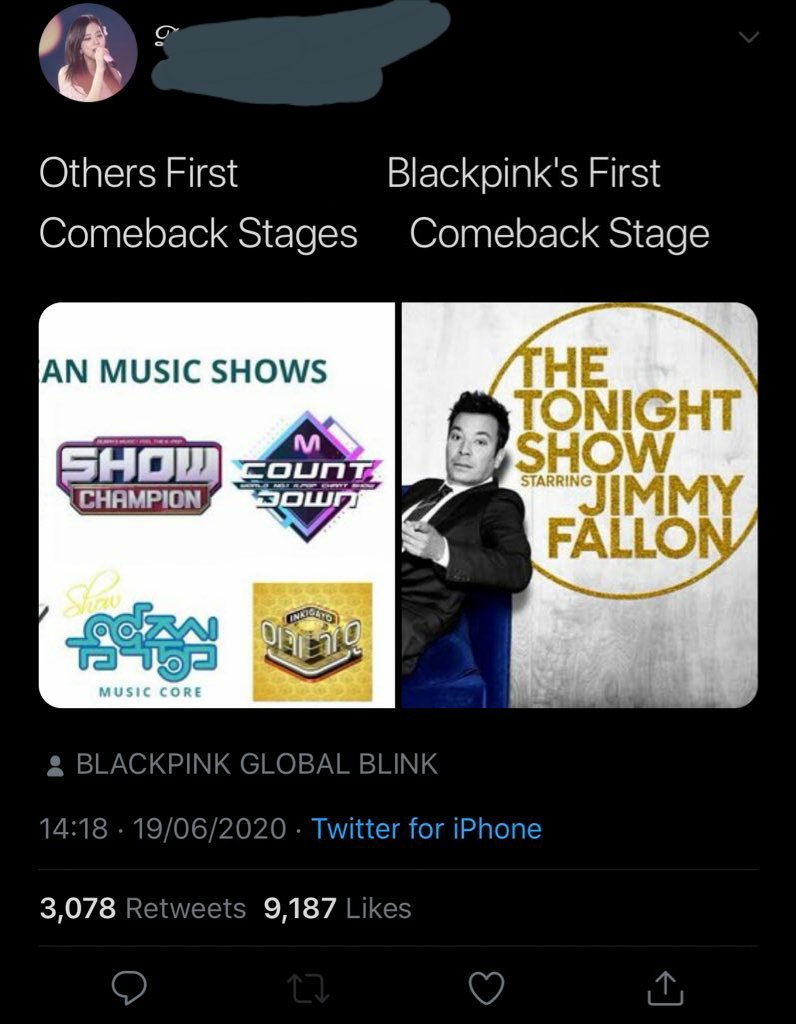  ......"Sabes que Blackpink es el grupo de chicas de Kpop más grande cuando su etapa de regreso es en Jimmy Fallon, mientras que los otros están en Inkigayo"