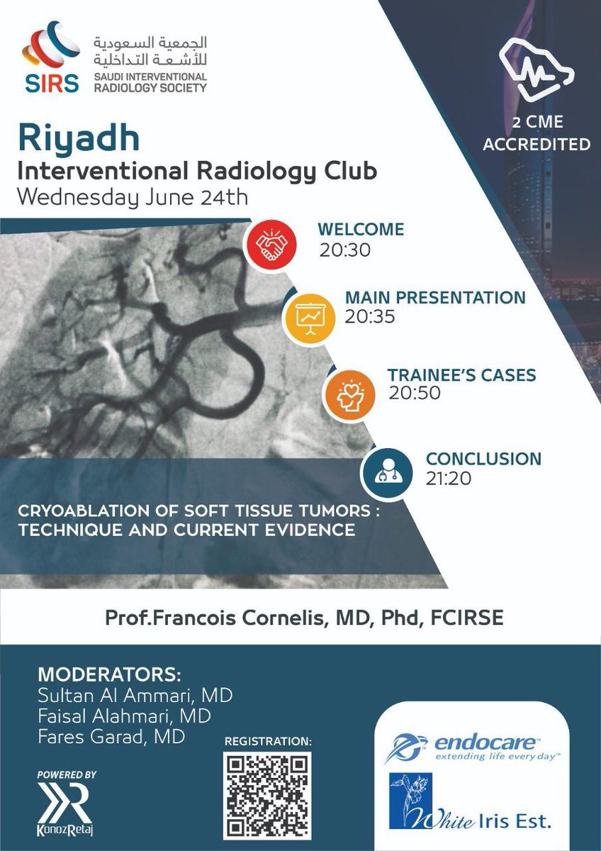 Dr_ALAMMARI's tweet photo. Next Riyadh IR club (online)
📆 Wednesday 24th June
🕣 20:30 Riyadh time (GMT+3)

📎 Cryoablation of soft tissue tumors (40 min) 
👤 Prof. François Cornelis 🇨🇵

🖇️ Intresting cases (30 min) 
👥 IR fellows PSMMC 🇸🇦

📌Register here https://t.co/CAL23plboH https://t.co/hfu0OBsAiS