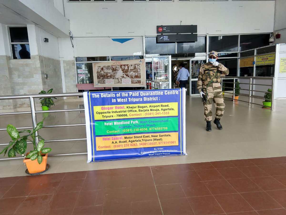aaiagtairport's tweet photo. #PaidQuarantine  Govt of Tripura have come out with an innovative idea of creating paid quarantine centres to ease the difficulties faced by people coming to the state&amp;without homes to undergo a 14 day home quarantine at these centres.List of hotels displayed at Agartala Airport https://t.co/zgQXhYWCxW