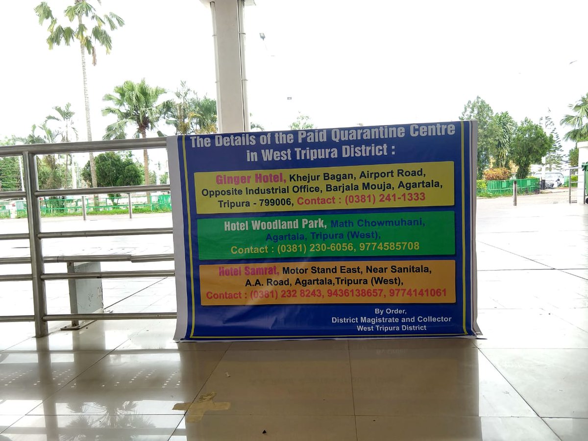 aaiagtairport's tweet photo. #PaidQuarantine  Govt of Tripura have come out with an innovative idea of creating paid quarantine centres to ease the difficulties faced by people coming to the state&amp;without homes to undergo a 14 day home quarantine at these centres.List of hotels displayed at Agartala Airport https://t.co/zgQXhYWCxW