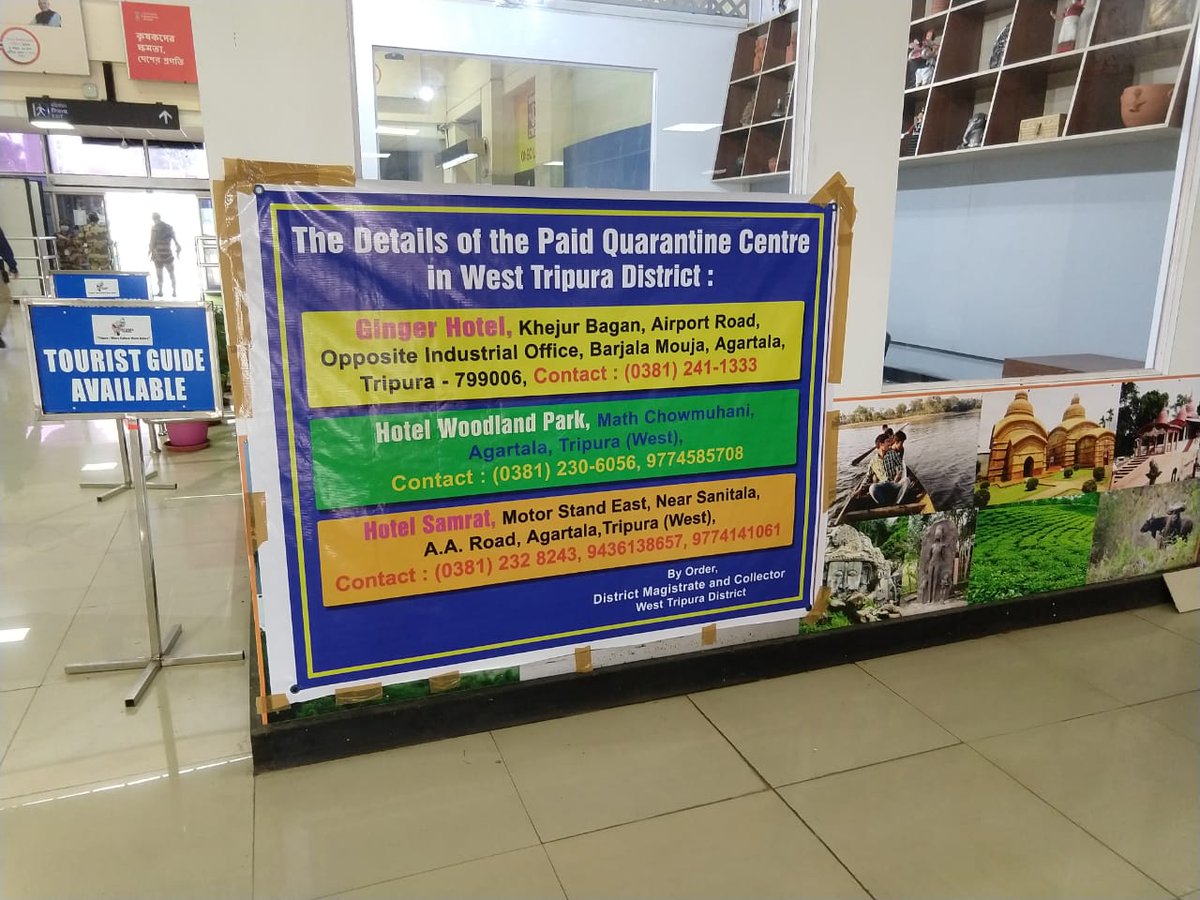 aaiagtairport's tweet photo. #PaidQuarantine  Govt of Tripura have come out with an innovative idea of creating paid quarantine centres to ease the difficulties faced by people coming to the state&amp;without homes to undergo a 14 day home quarantine at these centres.List of hotels displayed at Agartala Airport https://t.co/zgQXhYWCxW