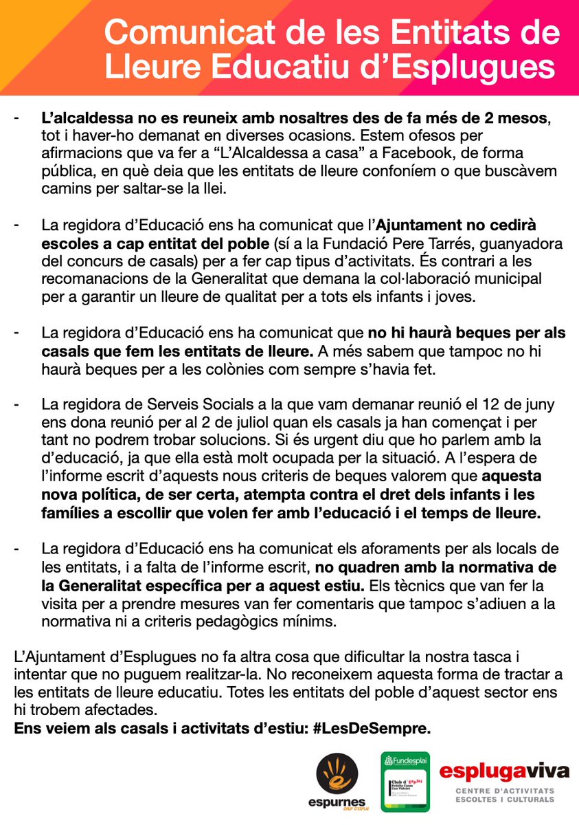 EsplaiEspurnes's tweet photo. Donada la situació que estem vivint els últims mesos amb l’Ajuntament, les Entitats de Lleure Educatiu d’#Esplugues demanem el suport de la ciutadania davant les grans dificultats que el govern municipal ens està posant per a fer les nostres activitats aquest estiu. Comunicat: https://t.co/qqqvfwcjAp