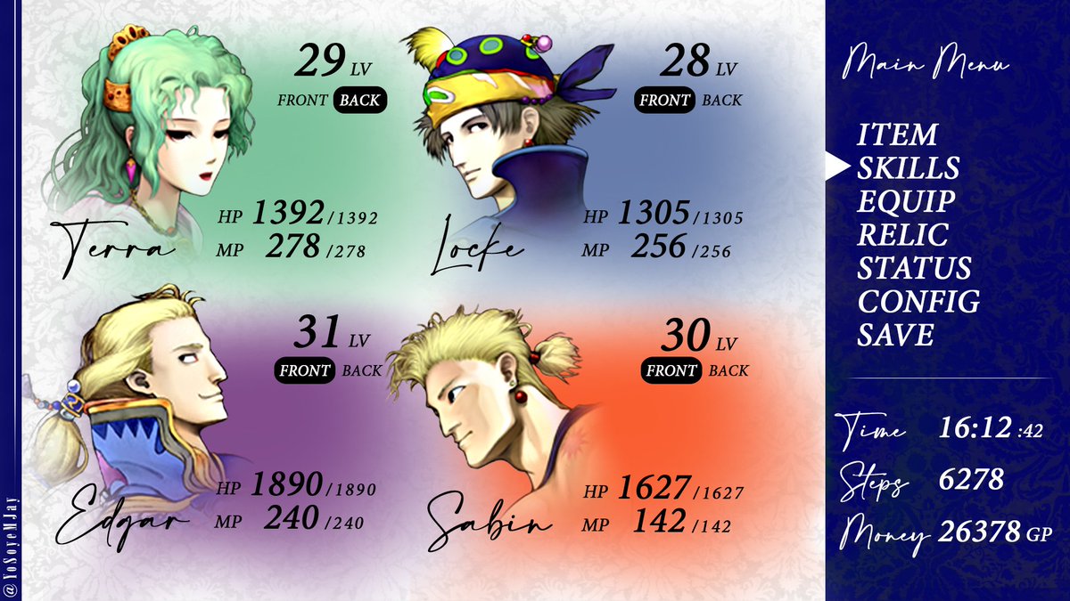 YoSoyeMJay's tweet photo. I remade #FinalFantasyVI menu screen!
#FinalFantasy #FanArt #FFVI #MenuScreen https://t.co/dQsxqDv6gj