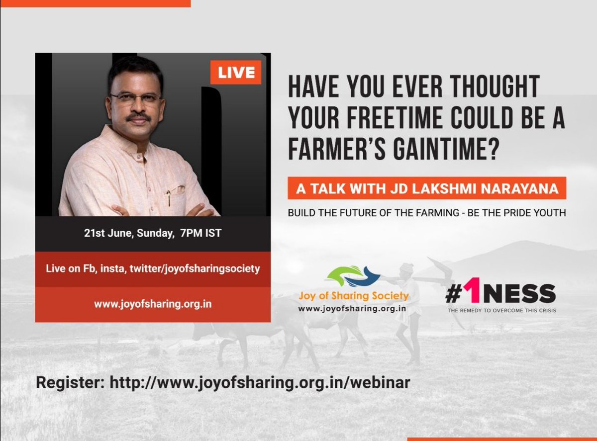 JoyofsharingNgo's tweet image. Let's use our minds to the soil.

A Talk with JD Lakshmi Narayana

Watch live with #JDlakshminarayana garu  7 PM today

facebook.com/Joyofsharingso…

#1ness #joyofsharingsociety