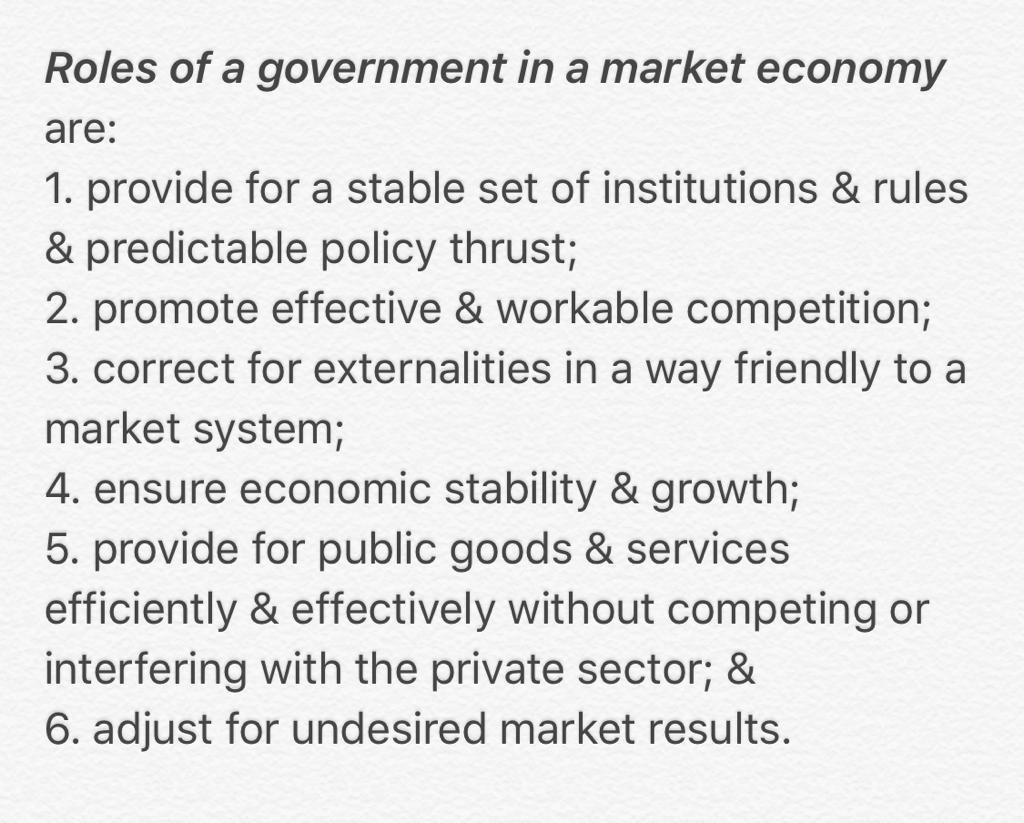 19/ Role of Gvt in a mkt economy is not 2 be a player but as the rule maker (makes&enforces laws governing the conditions under which voluntary transactions are made) & umpire (settling disputes from parties) 2 protect&promote:i. Freedomii. Rightsiii. Propertyiv. Competition