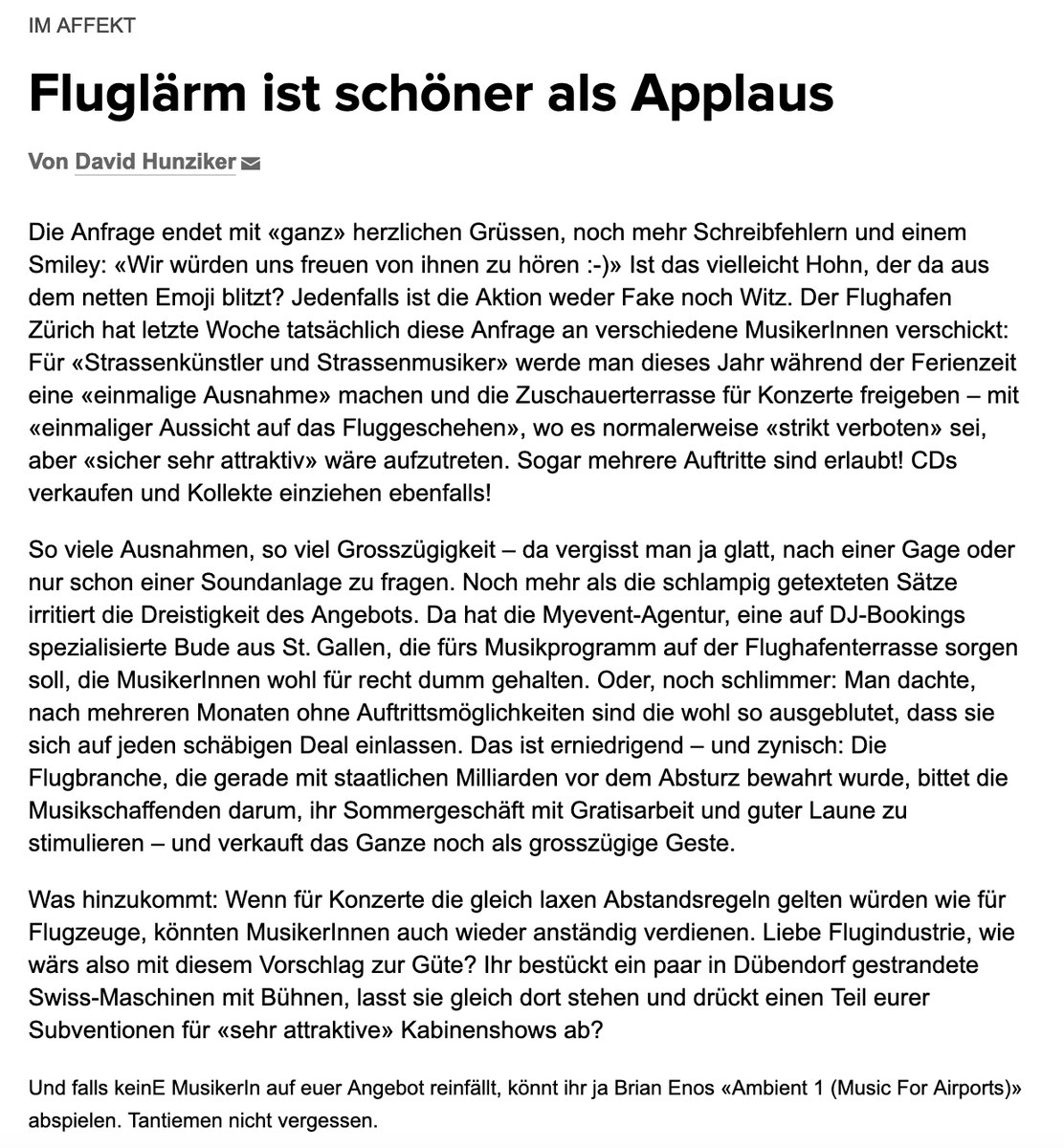 Die Flugbranche bittet Musikschaffende um Gratisarbeit. 

Von <a href="/dav_huz/">David Hunziker</a>