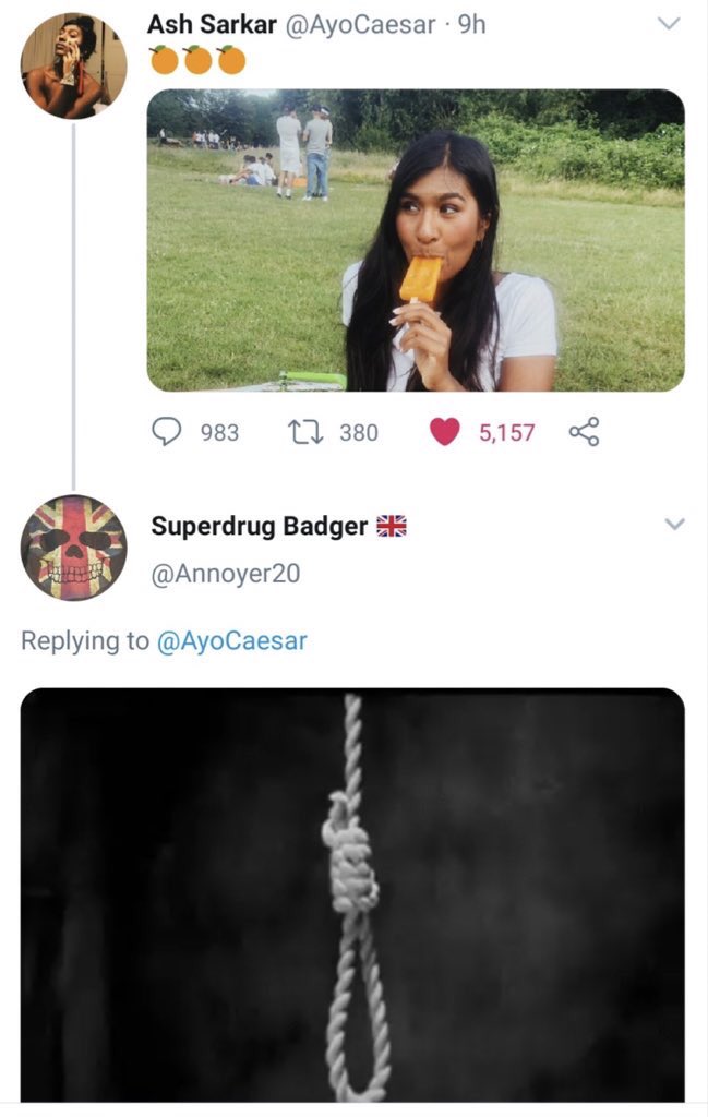 AyoCaesar's tweet image. I’m waking up to death threats because Twitter has decided that a photo of myself eating an orange lolly in Hackney is a mockery of the people who were stabbed in Reading.

It’s deranged stuff, but nasty all the same. I’d appreciate if people could report some of these tweets.
