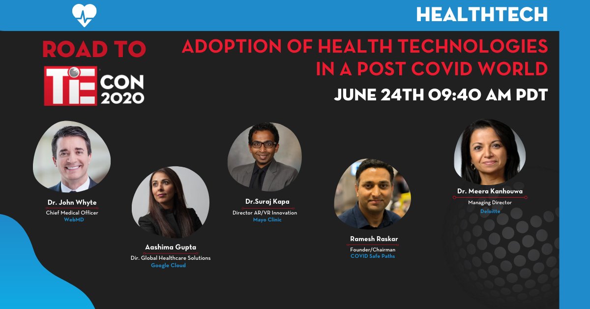 aakela's tweet photo. Join "Adoption of Health Technologies in a post COVID world" panel with @AashimaTweets @raskarmit @drjohnwhyte Dr. Suraj Kapa & Dr. Meera Kanhouwa at the Road to TiEcon event on June 24th.
Learn more and register https://t.co/c3vqzOvGAD
#TiEcon2020 #VirtualTiEcon #COVID #RTT https://t.co/gbp1nKwjgq