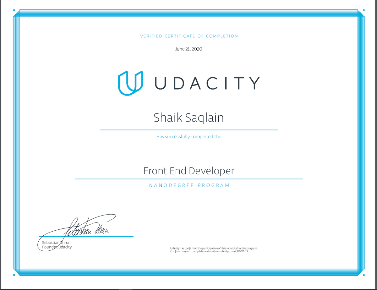 SiriussLucifer's tweet photo. Yay! finally I have completed My Front-end Nanodegree course in udacity . Learned a lot about web-apps. Thanks #Udacity
#javascript #webdevelopment #udacity #developer #html #css #programming #frontenddeveloper #js #nodejs #coder #codingisfun #quarantinelearning #qurantinetime https://t.co/PgjTObhqyW