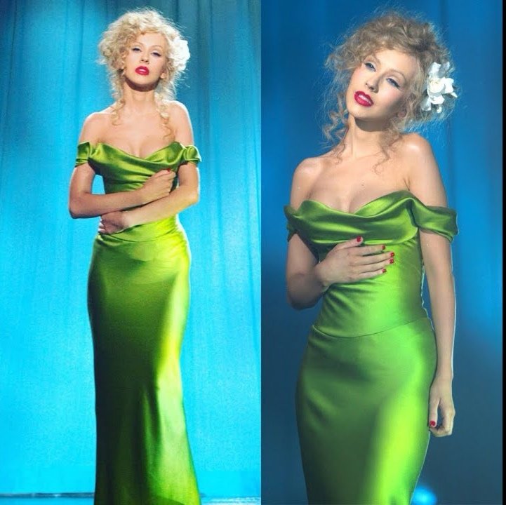 barbuckss Pedazo de escena la de Christina Aguilera cantando Bound to you  en la pelcula Burlesque. Ese vestido de seda verde chartreuse satinado,  icnico.