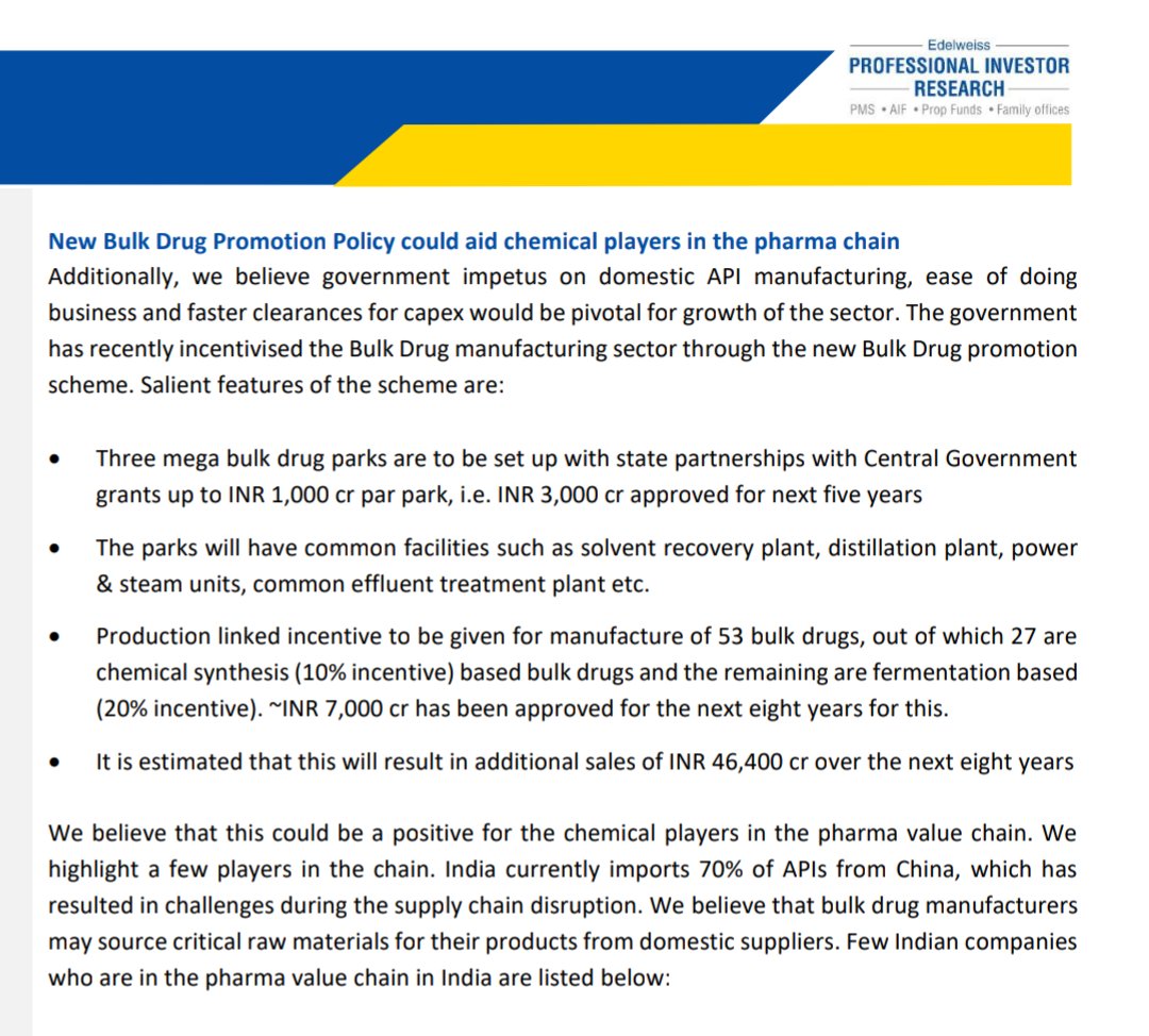 India import a large share of their raw materials and API intermediates from China. Now focus shifts more to manufacture/source RM locally and build a stronger supply chain system.Production linked incentives for twenty-six chemical synthesis-based APIs laid out by Govt