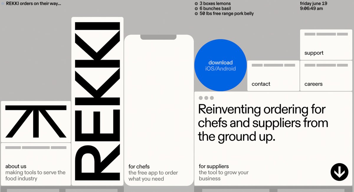REKKI by <a href="/rekkiapp/">REKKI</a> (UK) wins #SOTD &amp; #DEVAWARD Reinventing ordering for chefs and suppliers from the ground up. The new website shows the REKKI design principles: honesty and attitude bit.ly/rekki-sotd #Typography #Design #WebDesign #WebDev