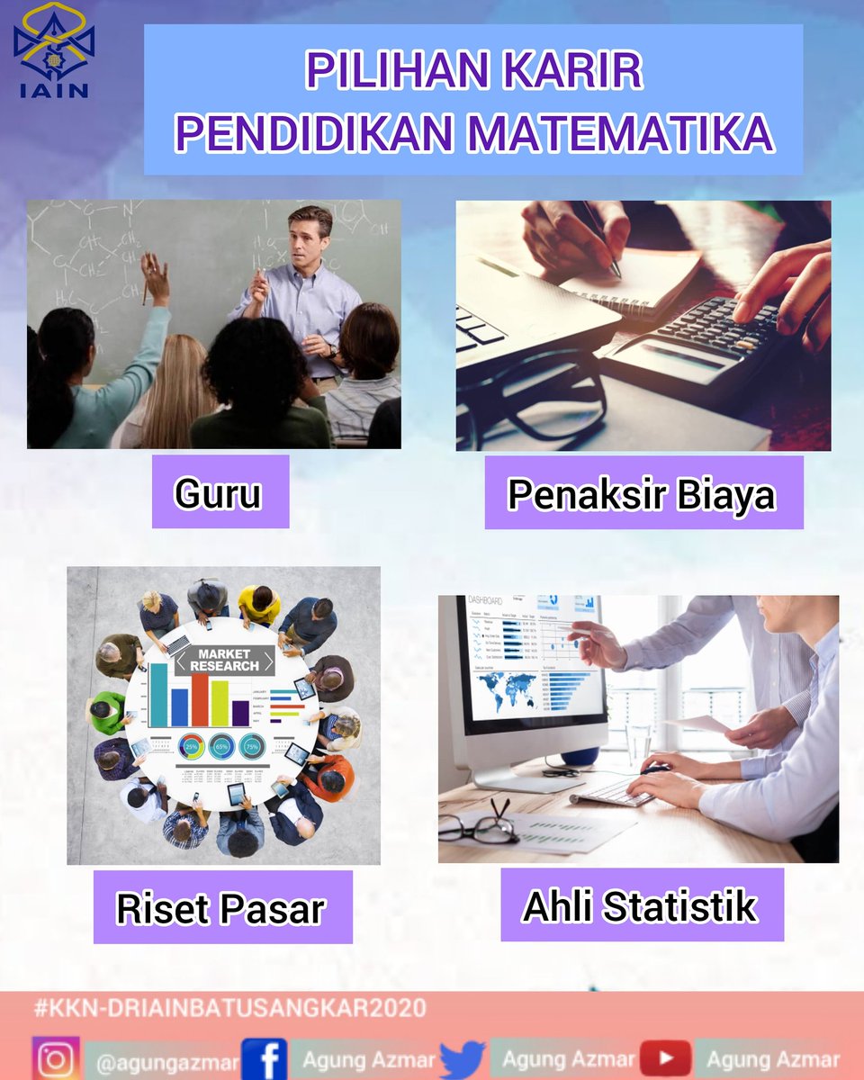 AzmarAgung's tweet photo. Assalamualaikum warahmatullahi wabarakatu
#POSTER 12
Pada poster keduabelas ini saya akan share pilihan karir pendidikan matematika.
Mohon like, coment, dan share nya yah kawan-kawan, terimakasih sebelumnya 😇🙏
#kkniainbatusangkar2020 https://t.co/bfLknasbDK