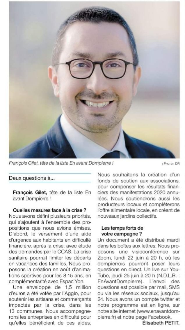 EAD_2020's tweet photo. [#Presse 📰]
Dernière ligne droite avant le second tour des #Municipales2020 dimanche 28 juin ! 
Retrouvez quelques propositions d'#EnAvantDompierre et venez échanger avec nous pour comprendre notre projet à l'occasion de la Visio Zoom demain, lundi 22 juin, à 20h ! 📲💻 https://t.co/hZItni2pM3